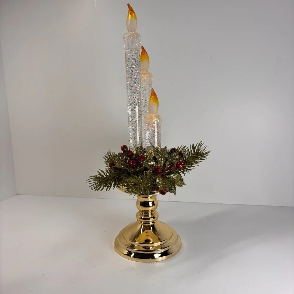 Vintage Lighted Christmas Taper Candle Holder Glitter Water Candlestick 14in